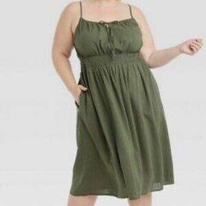 Linen Blend Olive Green Cami Tank Top Dress Size 14-16 (X)